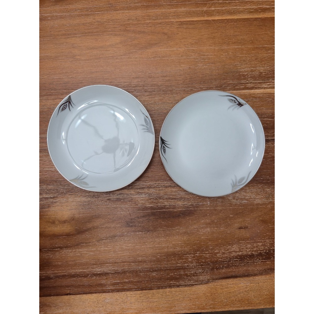 Hayasi Kutani China Platinum Wheat Bread Plate Hand Painted Mid Century Set 2